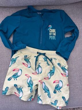 Carter's Teal Rash Guard with Yellow Toucan Swim Trunks
